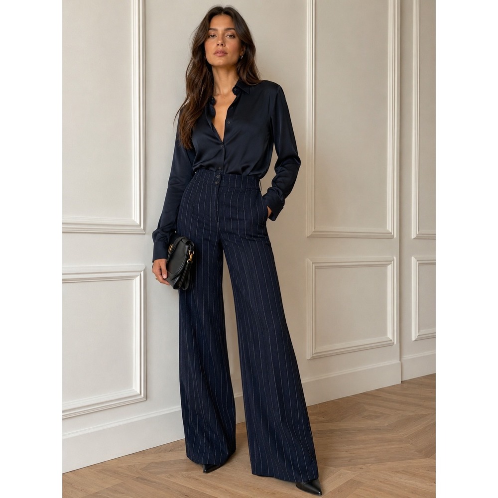 Armani Collezioni Pinstripe Wide Leg Pants Women 14 Navy Blue Virgin Wool Italy